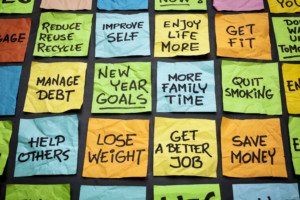 popular new year goals or resolutions - colorful sticky notes on a blackboard
