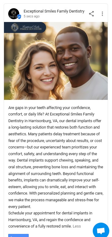 Diverse couple smiling together in professional headshot, promoting dental implant services at Exceptional Smiles Family Dentistry in Harrisonburg, VA.