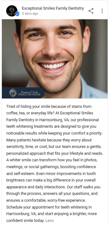 Professional headshot of a smiling man with dark hair promoting teeth whitening services at Exceptional Smiles Family Dentistry in Harrisonburg, VA.