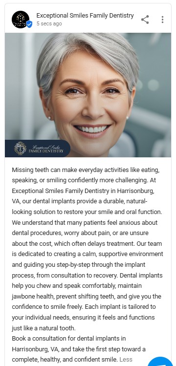 Professional headshot of a smiling mature woman with gray hair, representing dental implant patient at Exceptional Smiles Family Dentistry in Harrisonburg, VA.