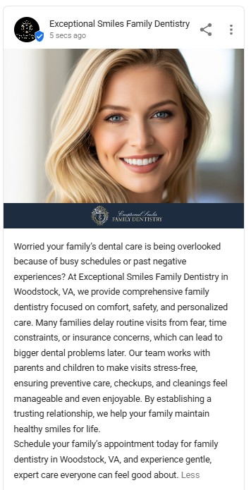 Professional headshot of a smiling blonde woman promoting comprehensive family dentistry services focused on comfort and safety at Exceptional Smiles Family Dentistry in Woodstock, VA.