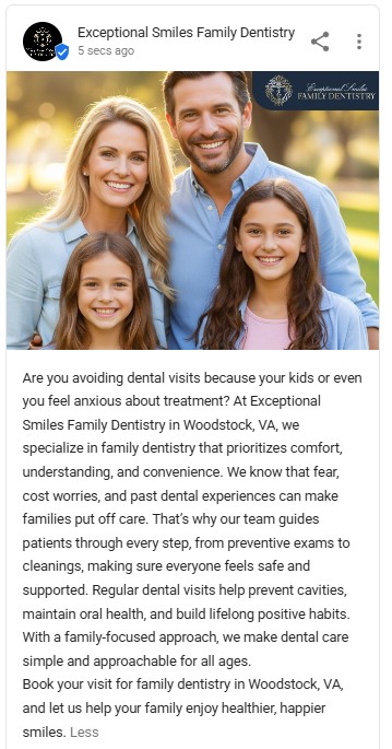 Happy family of four with parents and two daughters smiling outdoors, promoting comfortable family dentistry services at Exceptional Smiles Family Dentistry in Woodstock, VA.