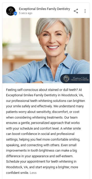 Professional headshot of a smiling mature woman with gray hair demonstrating teeth whitening results at Exceptional Smiles Family Dentistry in Woodstock, VA.