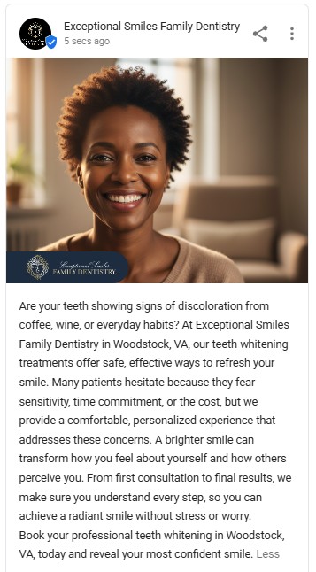 Professional headshot of smiling African American woman with short hair, promoting teeth whitening services at Exceptional Smiles Family Dentistry in Woodstock, VA.