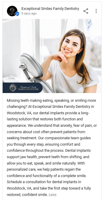 Young woman smiling while sitting comfortably in a dental chair, promoting dental implant services that restore function and confidence at Exceptional Smiles Family Dentistry in Woodstock, VA.