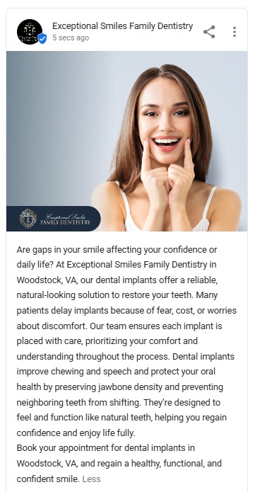 Joyful woman laughing with hands near her face, promoting dental implant services to fill gaps in smiles at Exceptional Smiles Family Dentistry in Harrisonburg, VA.
